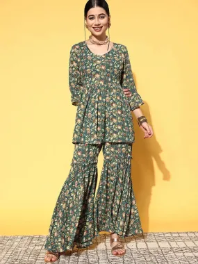 Green Printed Georgette Anarkali Kurta With Sharara