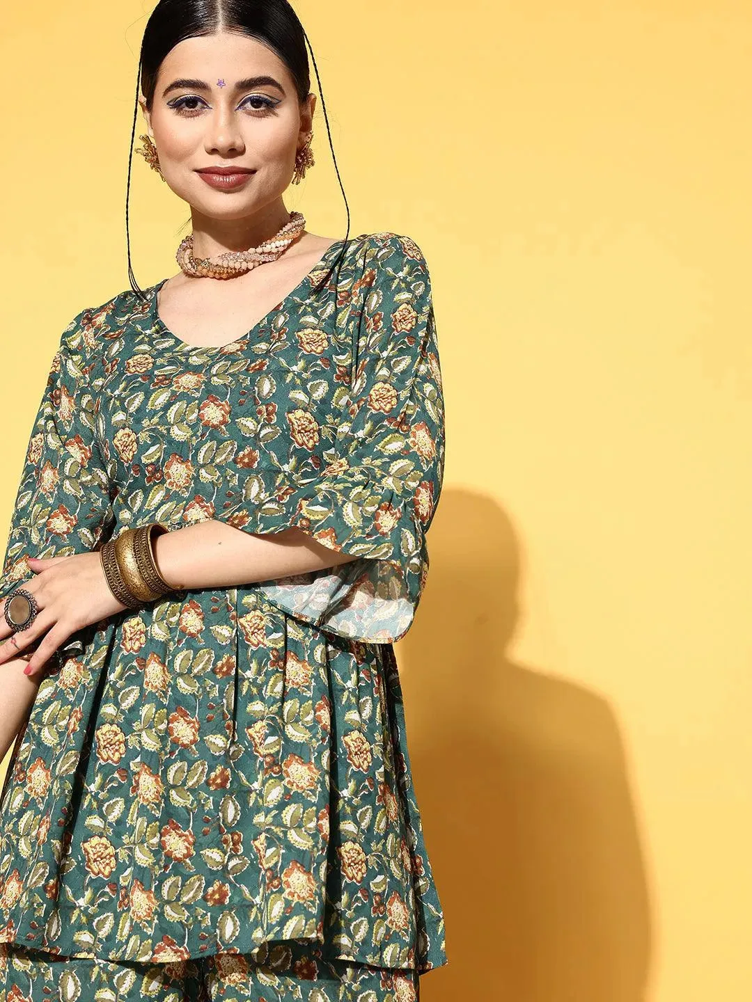 Green Printed Georgette Anarkali Kurta With Sharara