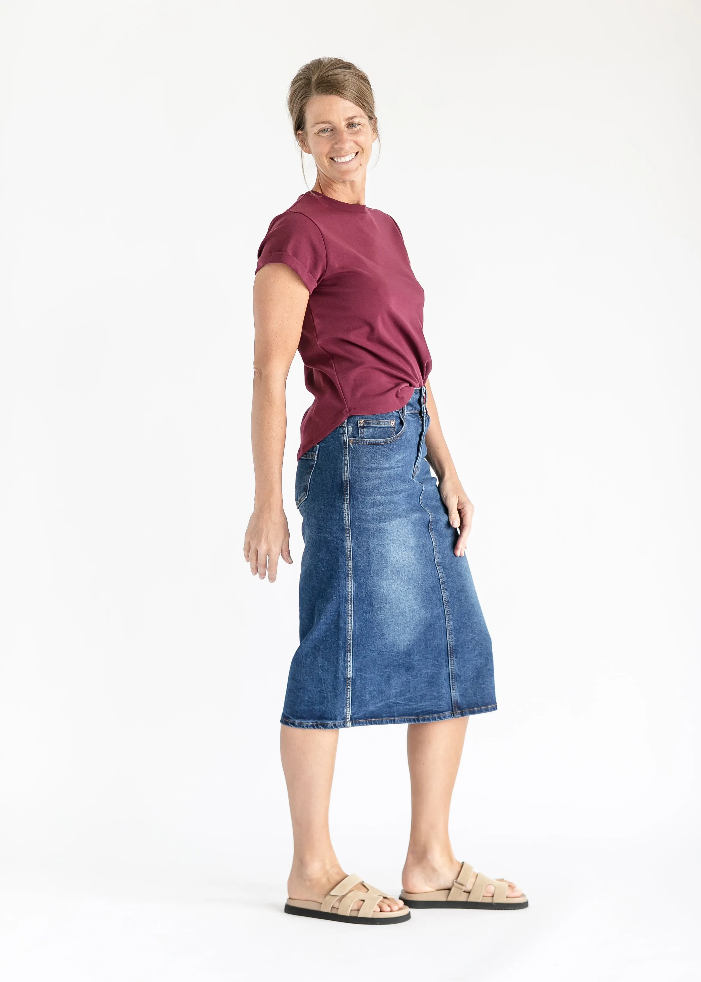 Greta Medium Wash Midi Denim Skirt - FINAL SALE