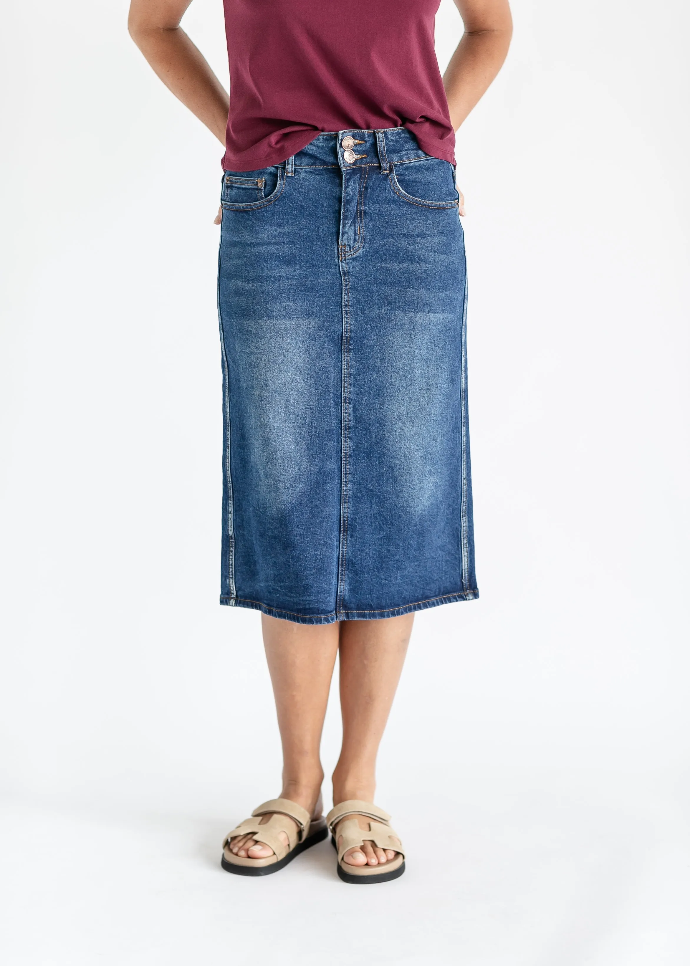 Greta Medium Wash Midi Denim Skirt - FINAL SALE