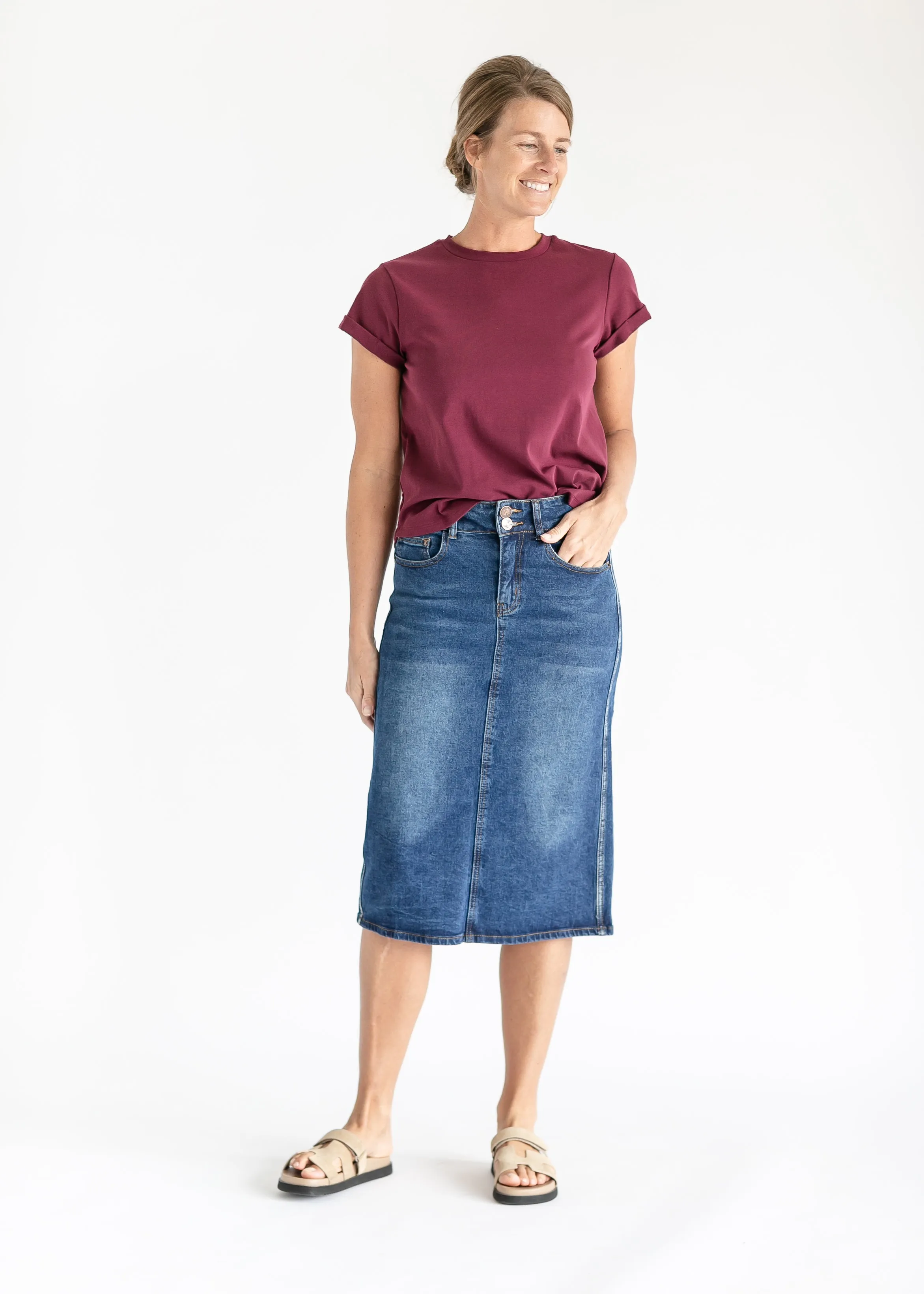 Greta Medium Wash Midi Denim Skirt - FINAL SALE