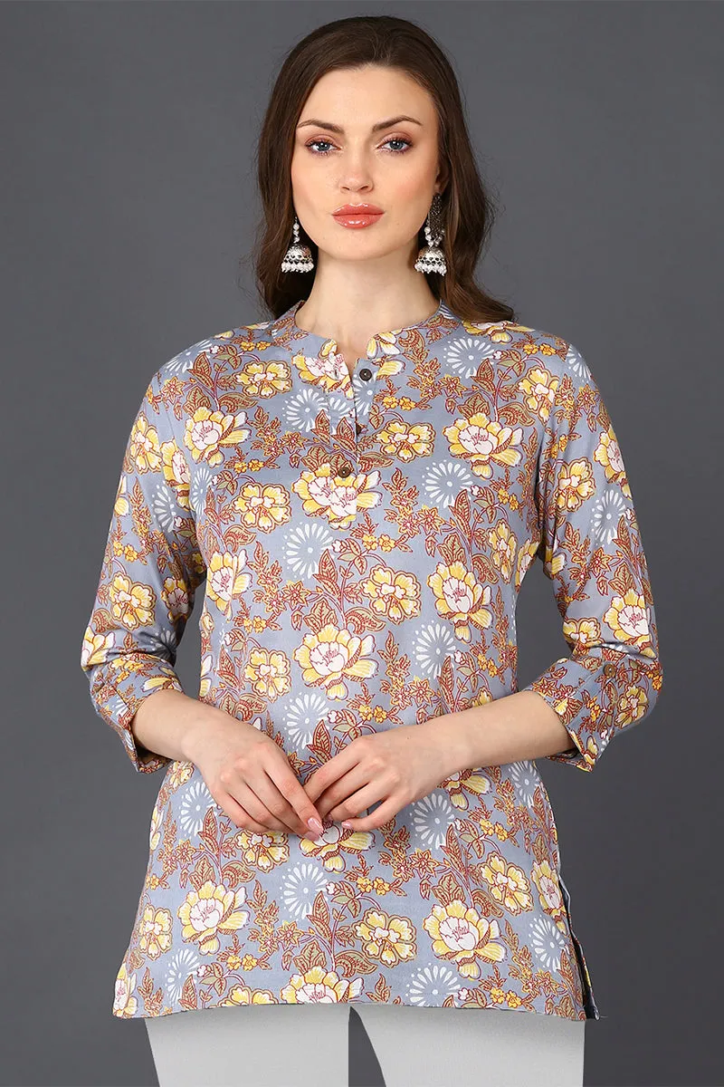 Grey Floral Cotton Blend Printed Straight Tunic