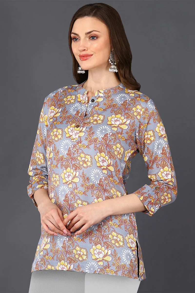 Grey Floral Cotton Blend Printed Straight Tunic