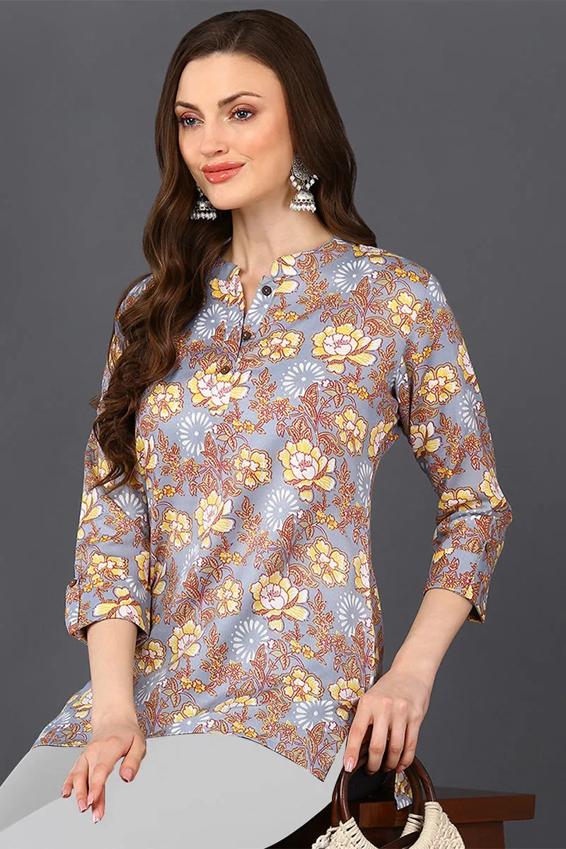 Grey Floral Cotton Blend Printed Straight Tunic