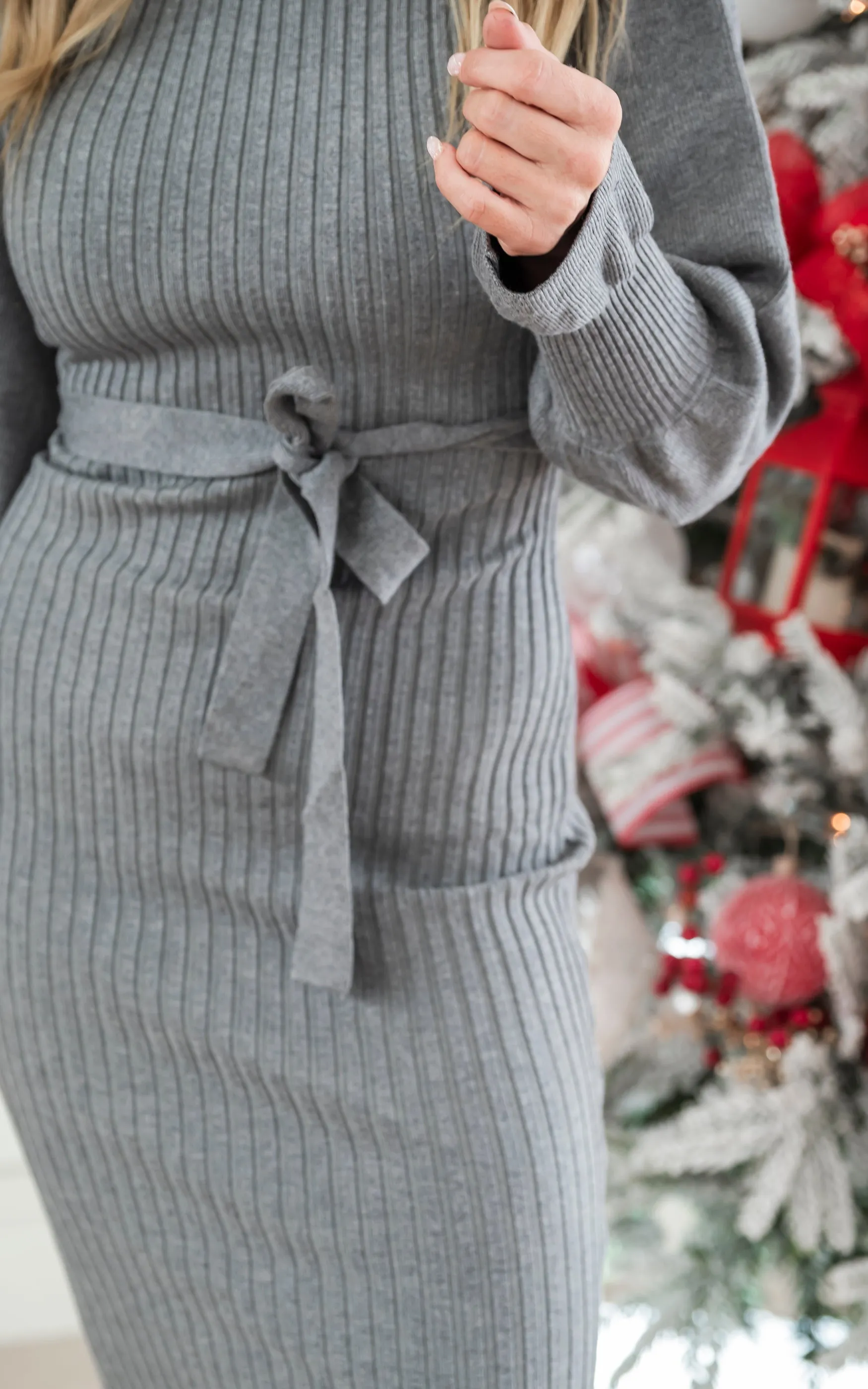 Heather Grey Turtleneck Midi Sweater Dress with Belt * - Final Sale