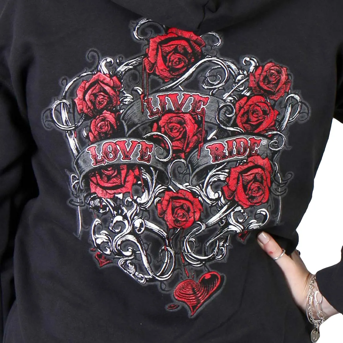 Hot Leathers GLZ4246 Ladies Black Hoodie Sweatshirt with Live, Love, Ride and Roses Artwor