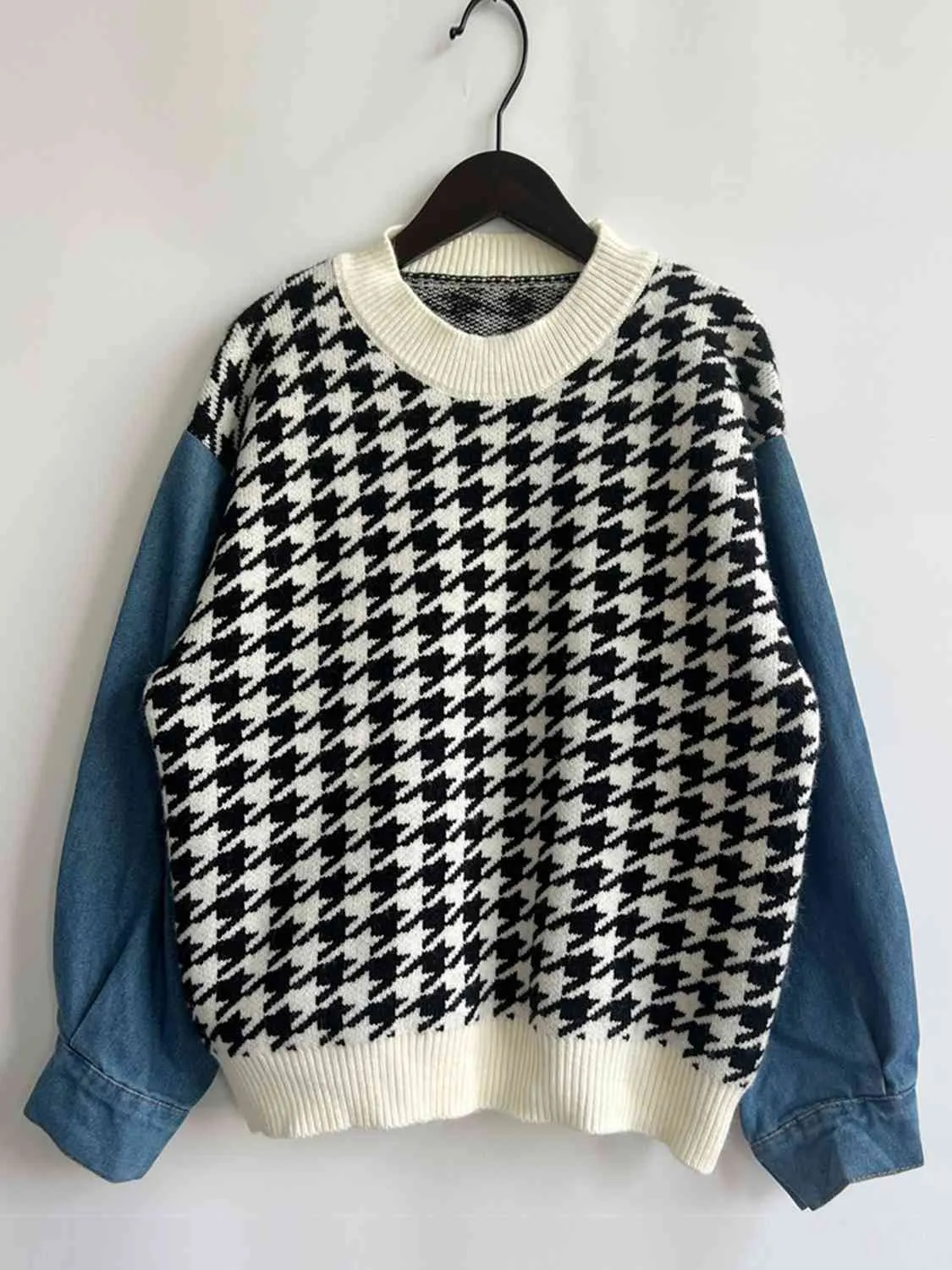 Houndstooth Denim Sleeve Sweater