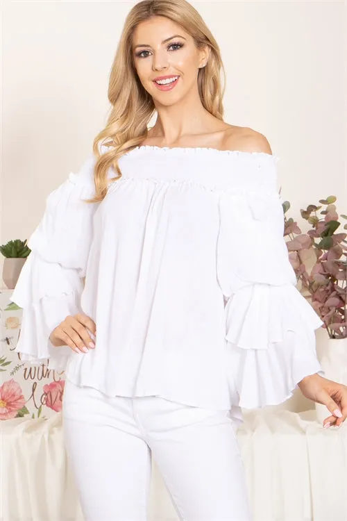 Ivory Smocked Cold Shoulder Bell Sleeve Top