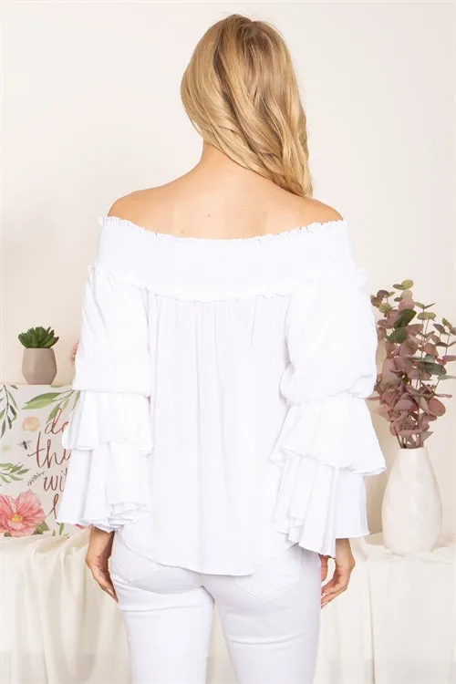 Ivory Smocked Cold Shoulder Bell Sleeve Top