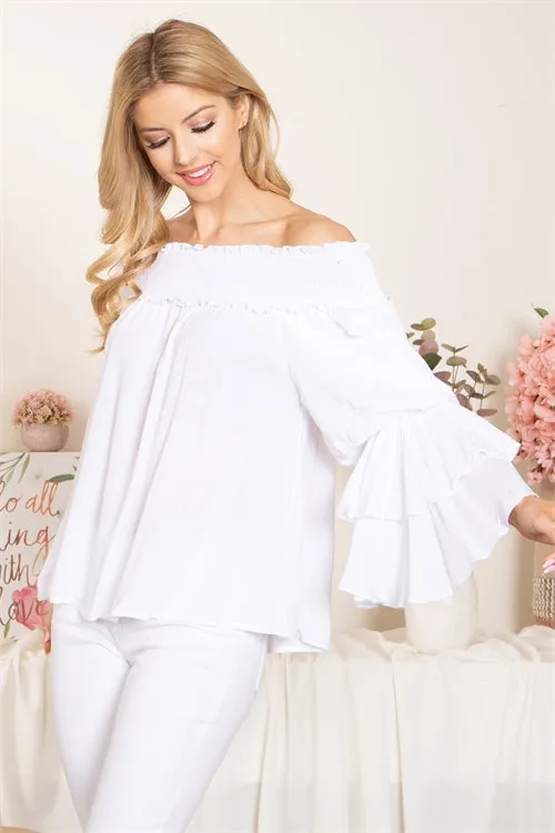 Ivory Smocked Cold Shoulder Bell Sleeve Top