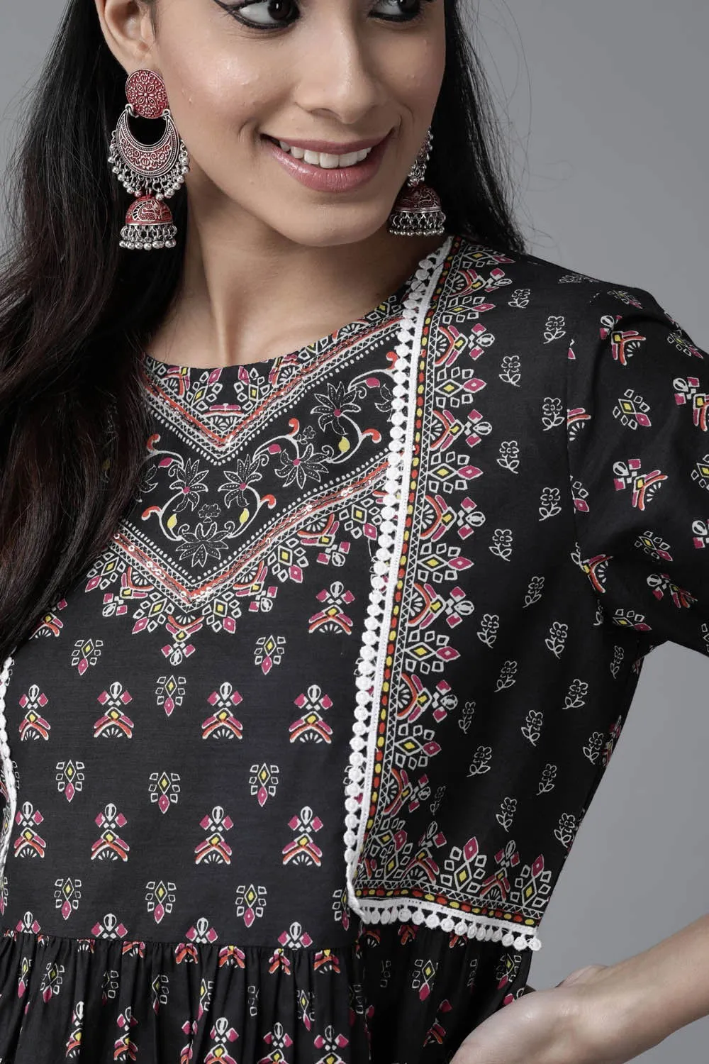 Jashvi Black Ethnic Motif Printed Pure Cotton Peplum Tunic With Lace Work