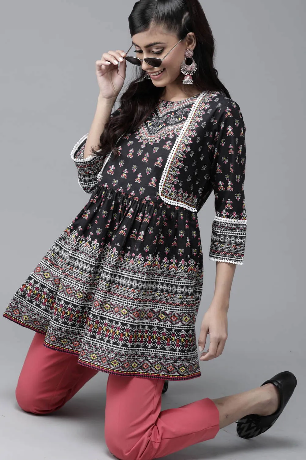 Jashvi Black Ethnic Motif Printed Pure Cotton Peplum Tunic With Lace Work