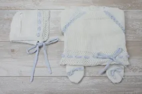 Knit Cotton Newborn White Sweater and Pants,  "Take me home set" Blue lace by Patucos