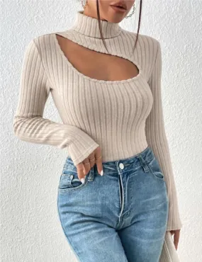 Ladies Cut Out Front Turtleneck Knit Tee G1090