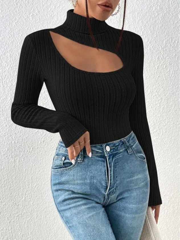 Ladies Cut Out Front Turtleneck Knit Tee G1090