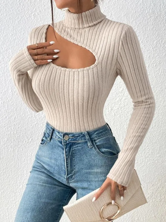 Ladies Cut Out Front Turtleneck Knit Tee G1090