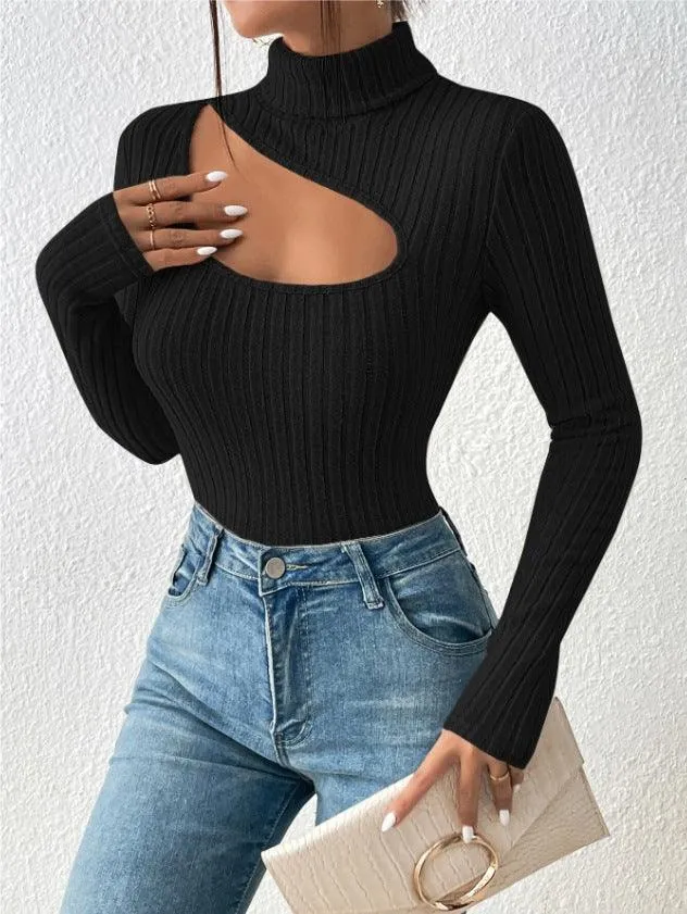 Ladies Cut Out Front Turtleneck Knit Tee G1090