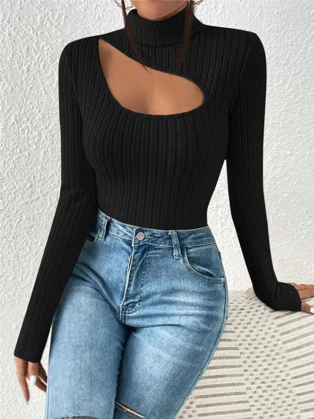 Ladies Cut Out Front Turtleneck Knit Tee G1090