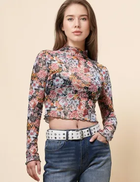 Ladies Floral Print Layring Top Mesh Crop Pullover Blouse 68072