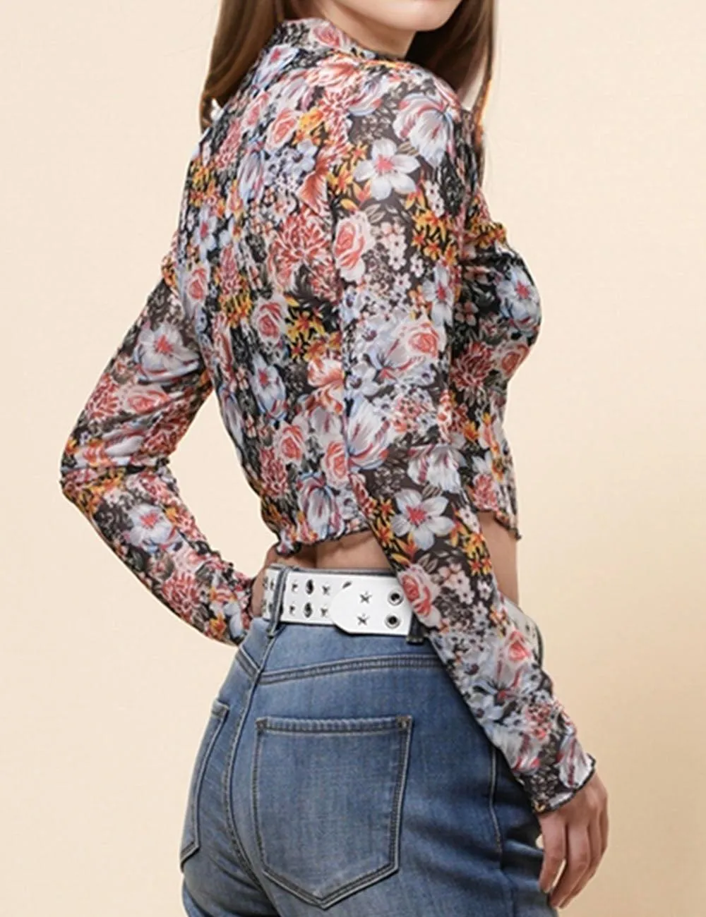 Ladies Floral Print Layring Top Mesh Crop Pullover Blouse 68072