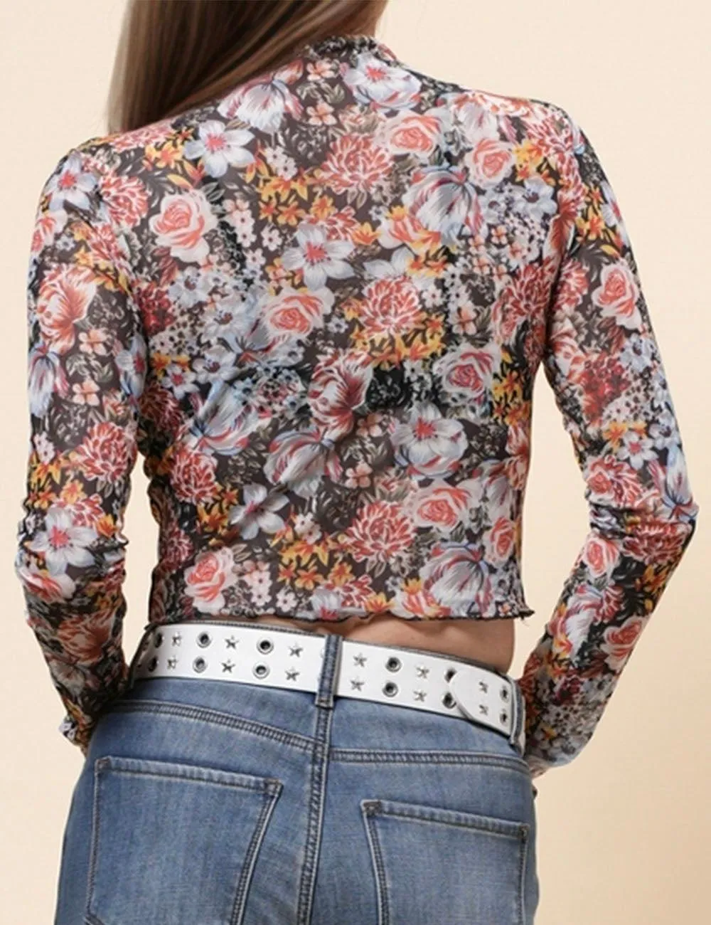 Ladies Floral Print Layring Top Mesh Crop Pullover Blouse 68072