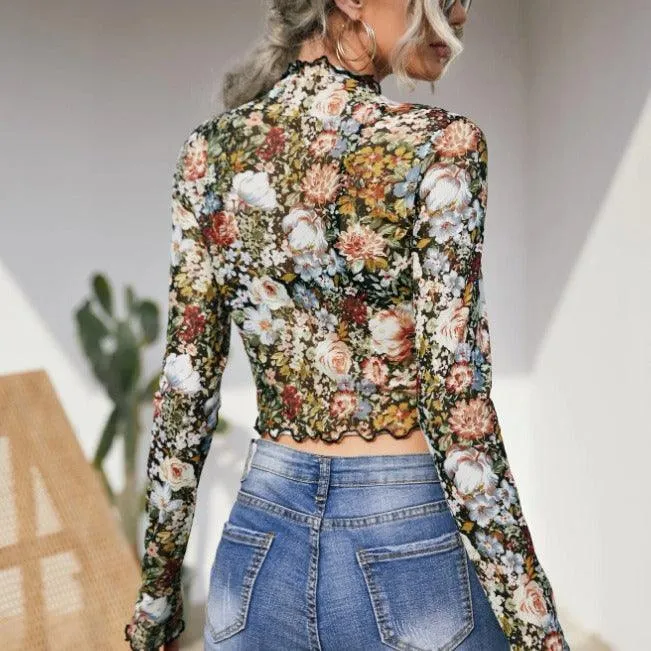 Ladies Floral Print Mesh Crop Top 68072