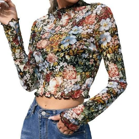 Ladies Floral Print Mesh Crop Top 68072