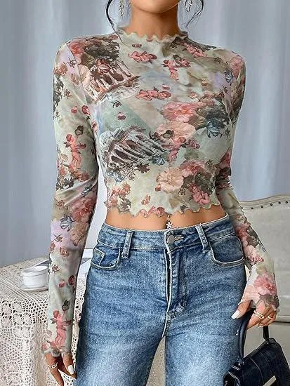 Ladies Floral Print Mesh Crop Top 68072