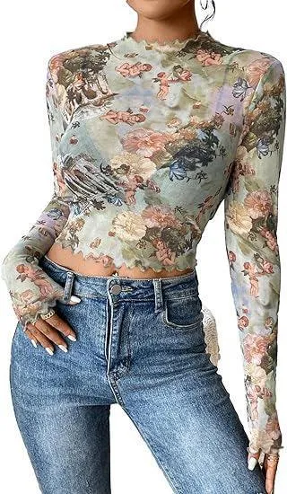 Ladies Floral Print Mesh Crop Top 68072