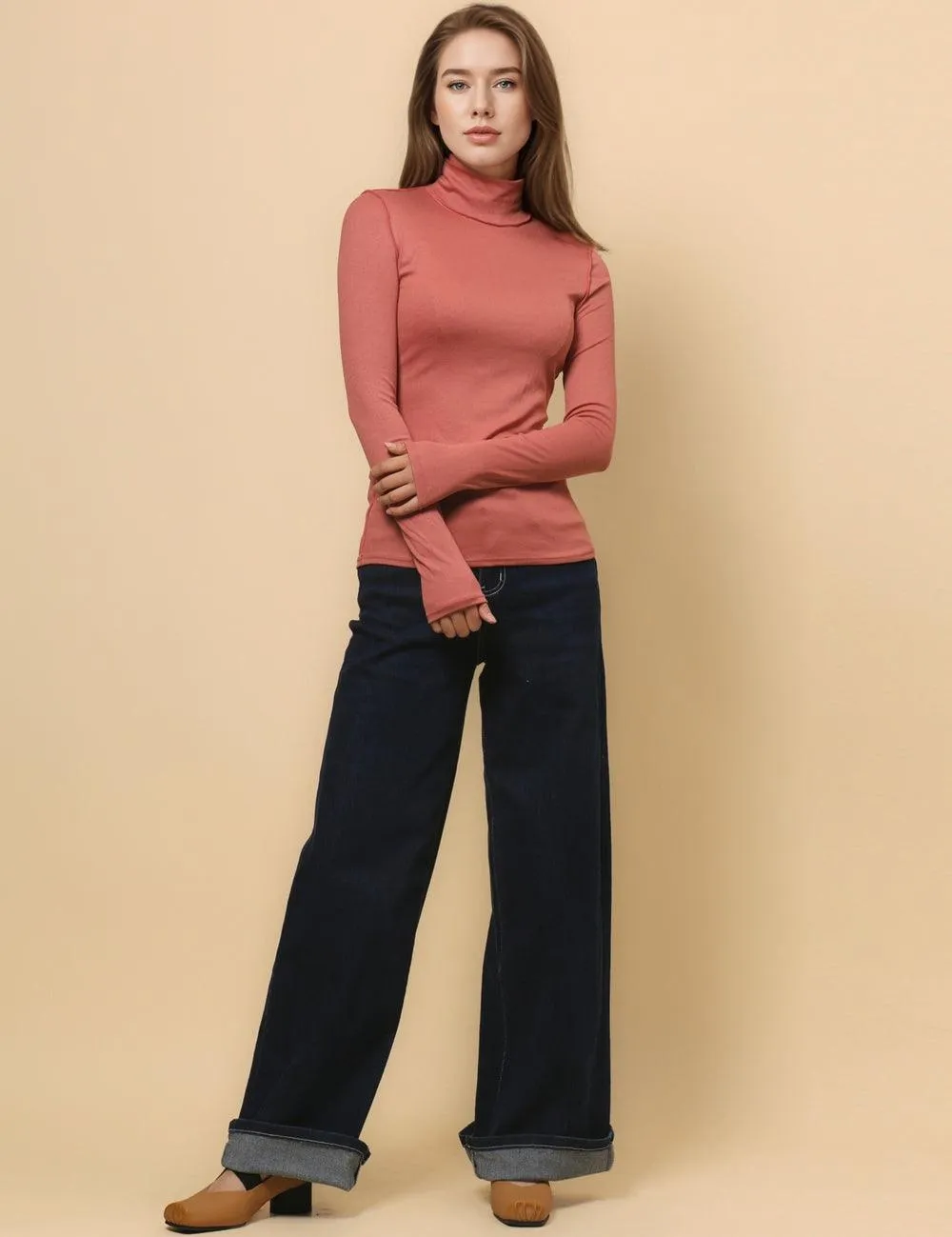 Ladies Turtleneck Soft Basic Blouse Everyday Pullover Tee SKT630