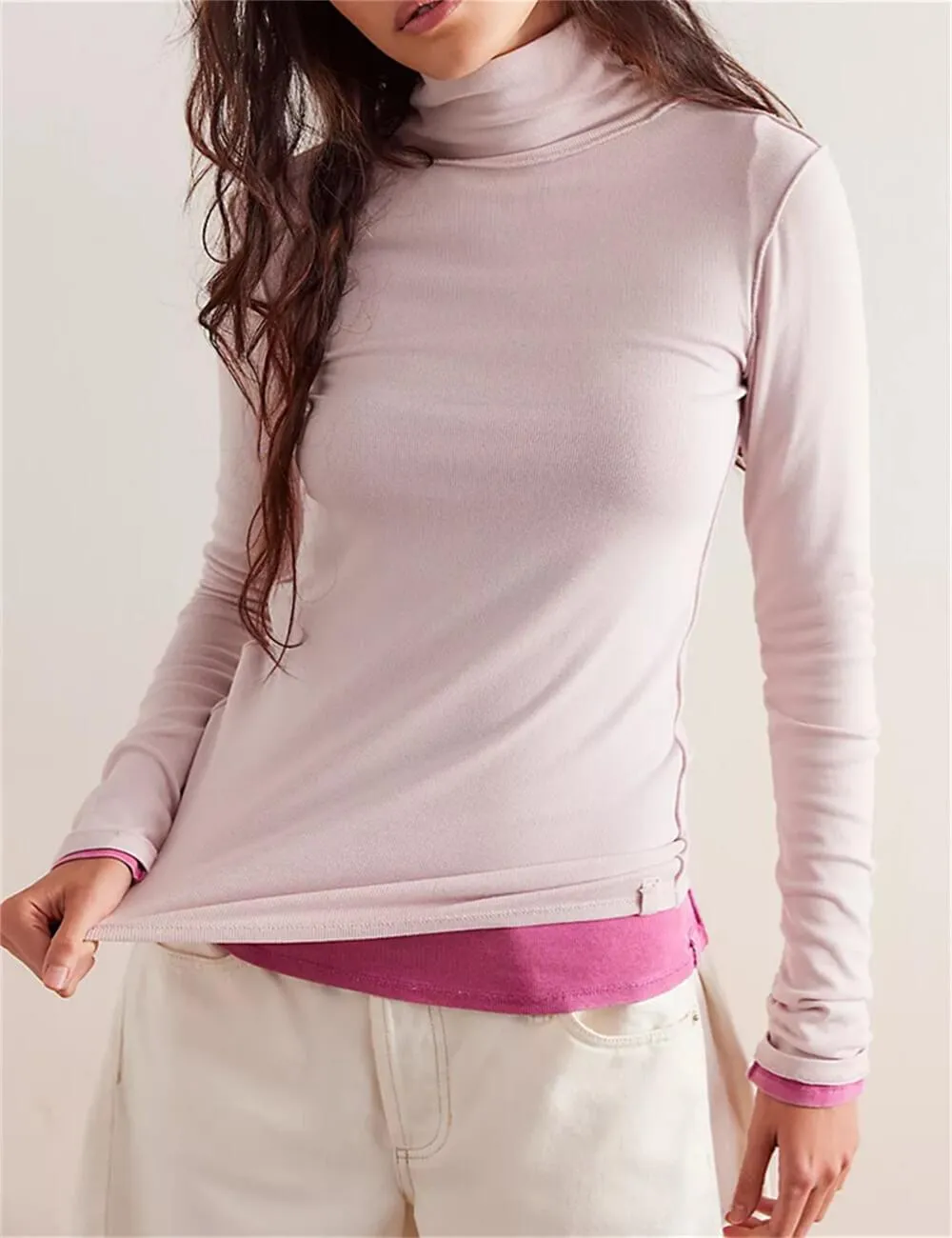 Ladies Turtleneck Soft Basic Blouse Everyday Pullover Tee SKT630