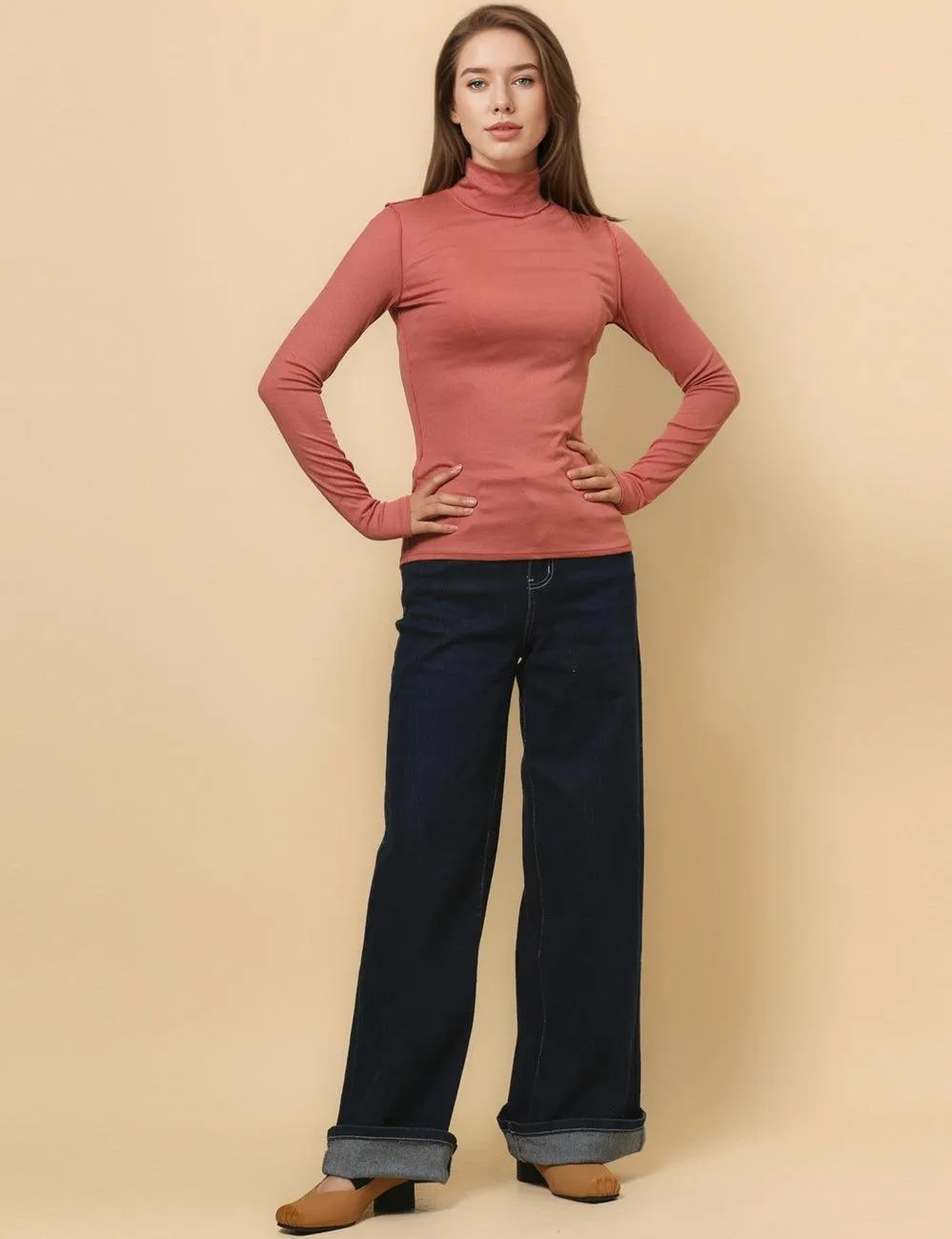 Ladies Turtleneck Soft Basic Blouse Everyday Pullover Tee SKT630