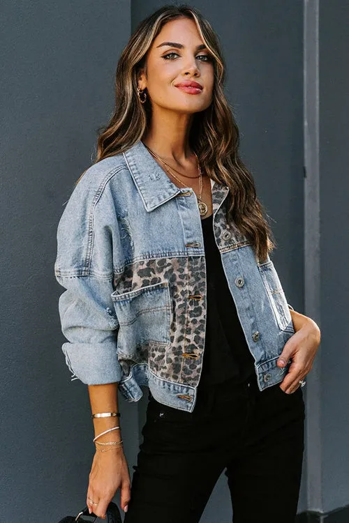 Let's Rocket It Leopard Print Denim Jacket