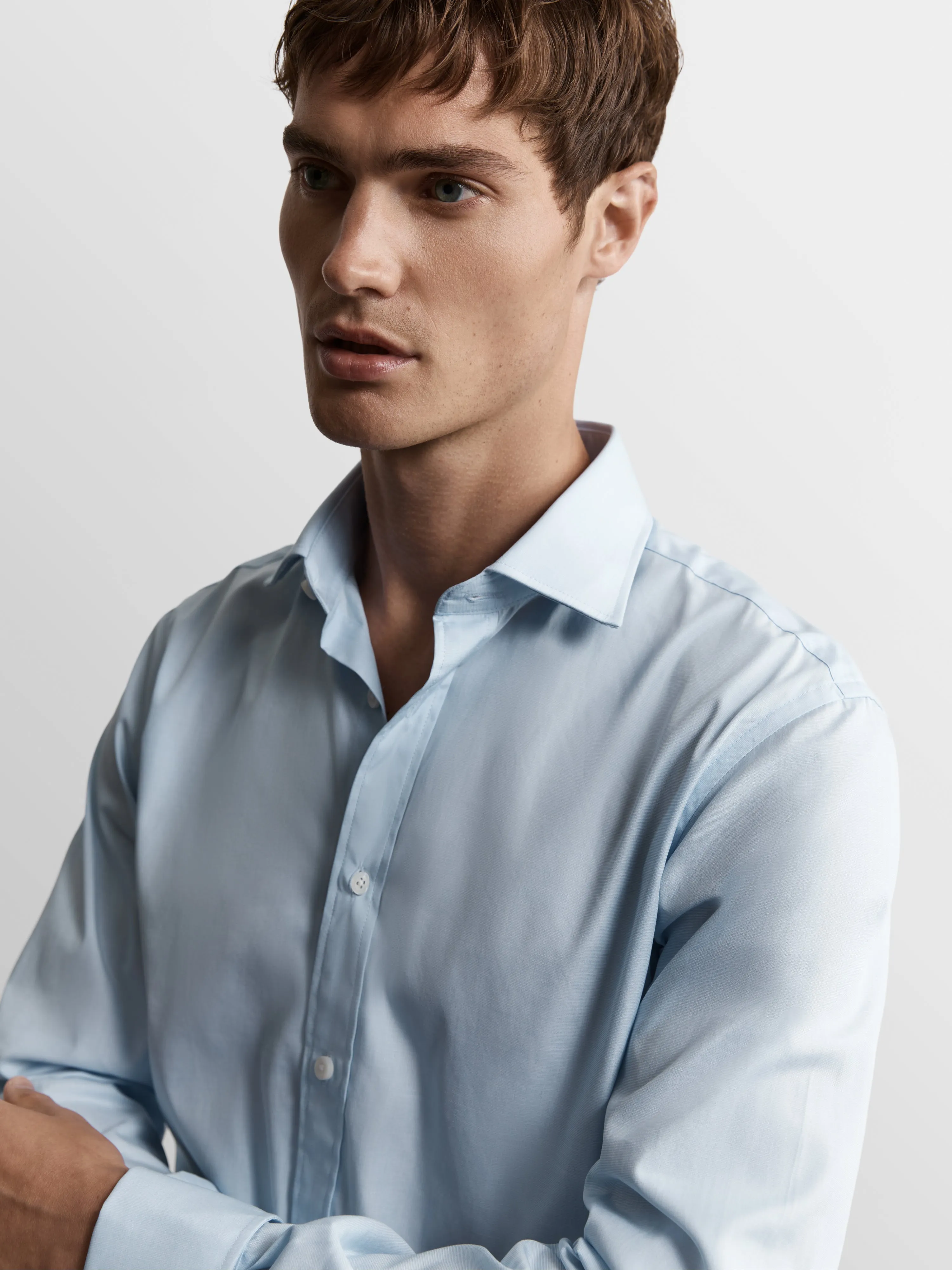 Light Blue End-on-End Fitted Double Cuff Classic Collar Shirt