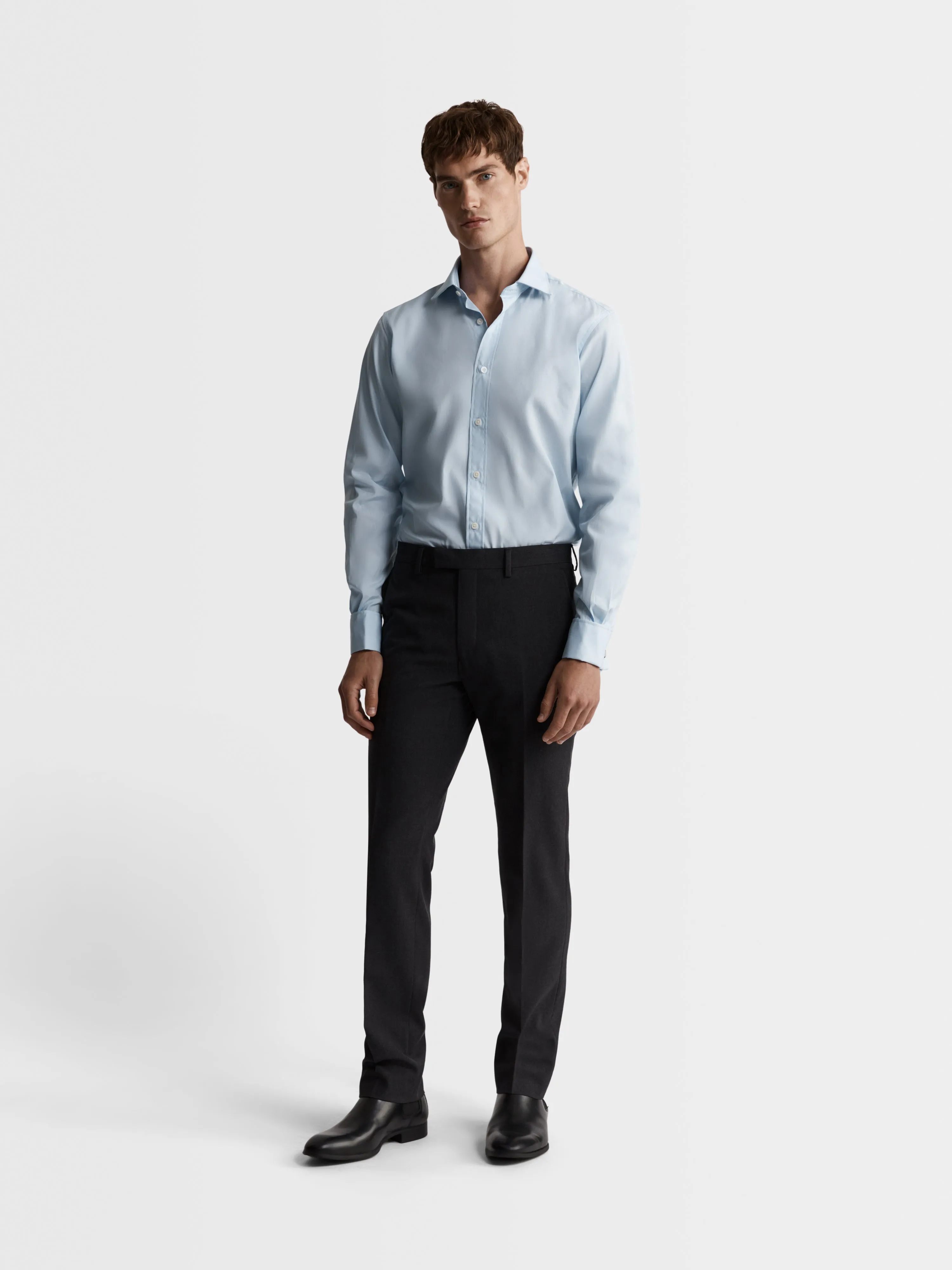 Light Blue End-on-End Fitted Double Cuff Classic Collar Shirt