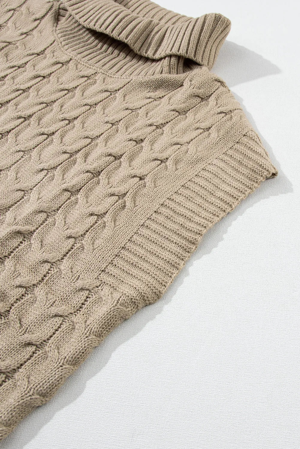 Light French Beige Cable Knit Turtleneck Batwing Sleeve Sweater