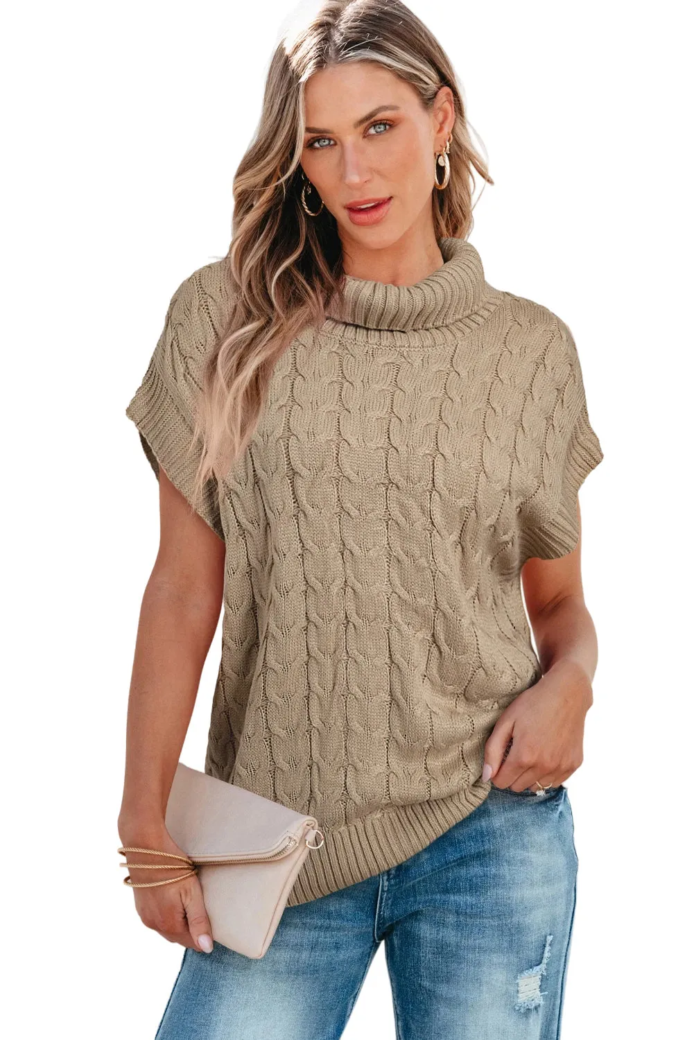 Light French Beige Cable Knit Turtleneck Batwing Sleeve Sweater