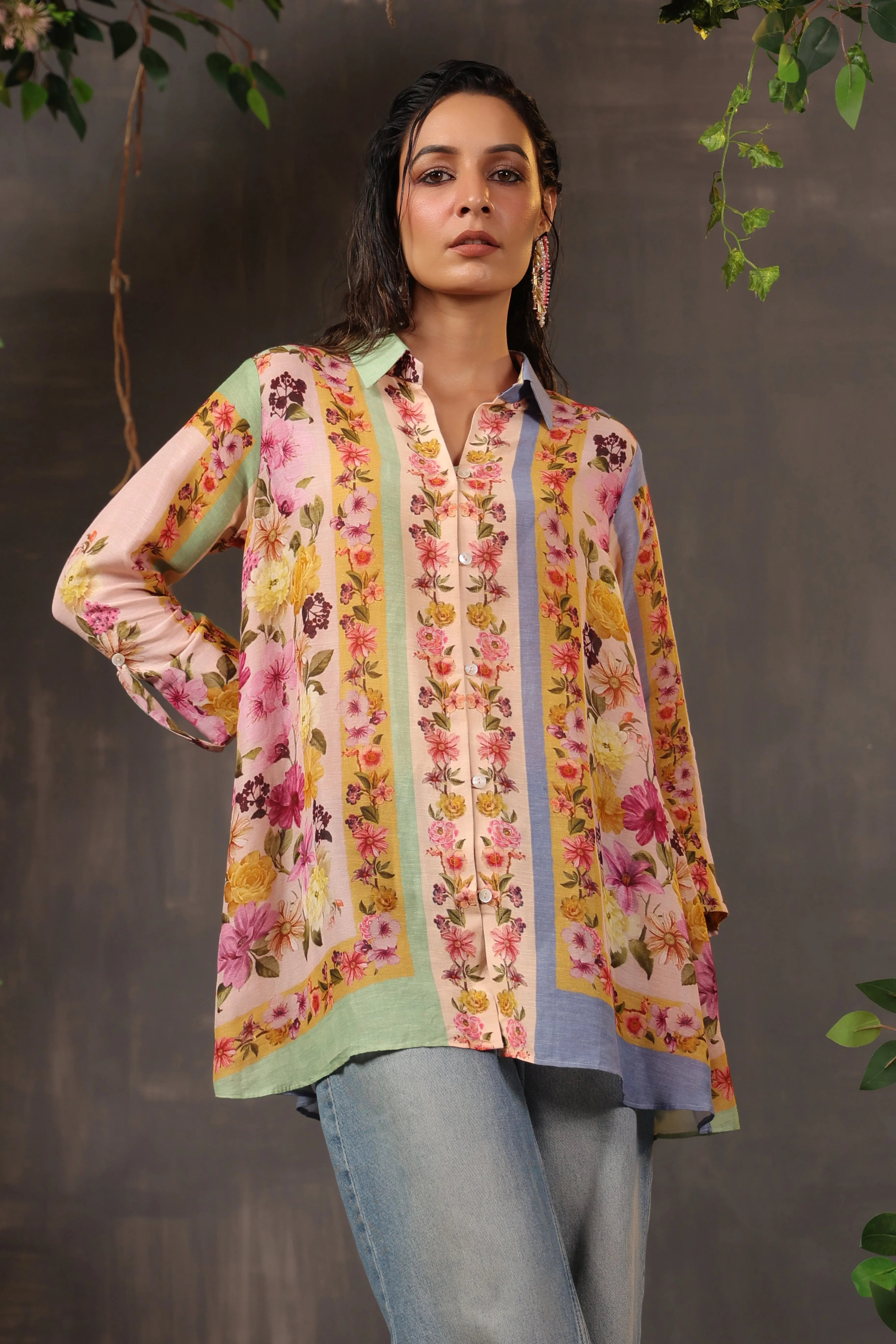 Light Peach Floral Printed Modal Linen Silk Shirt