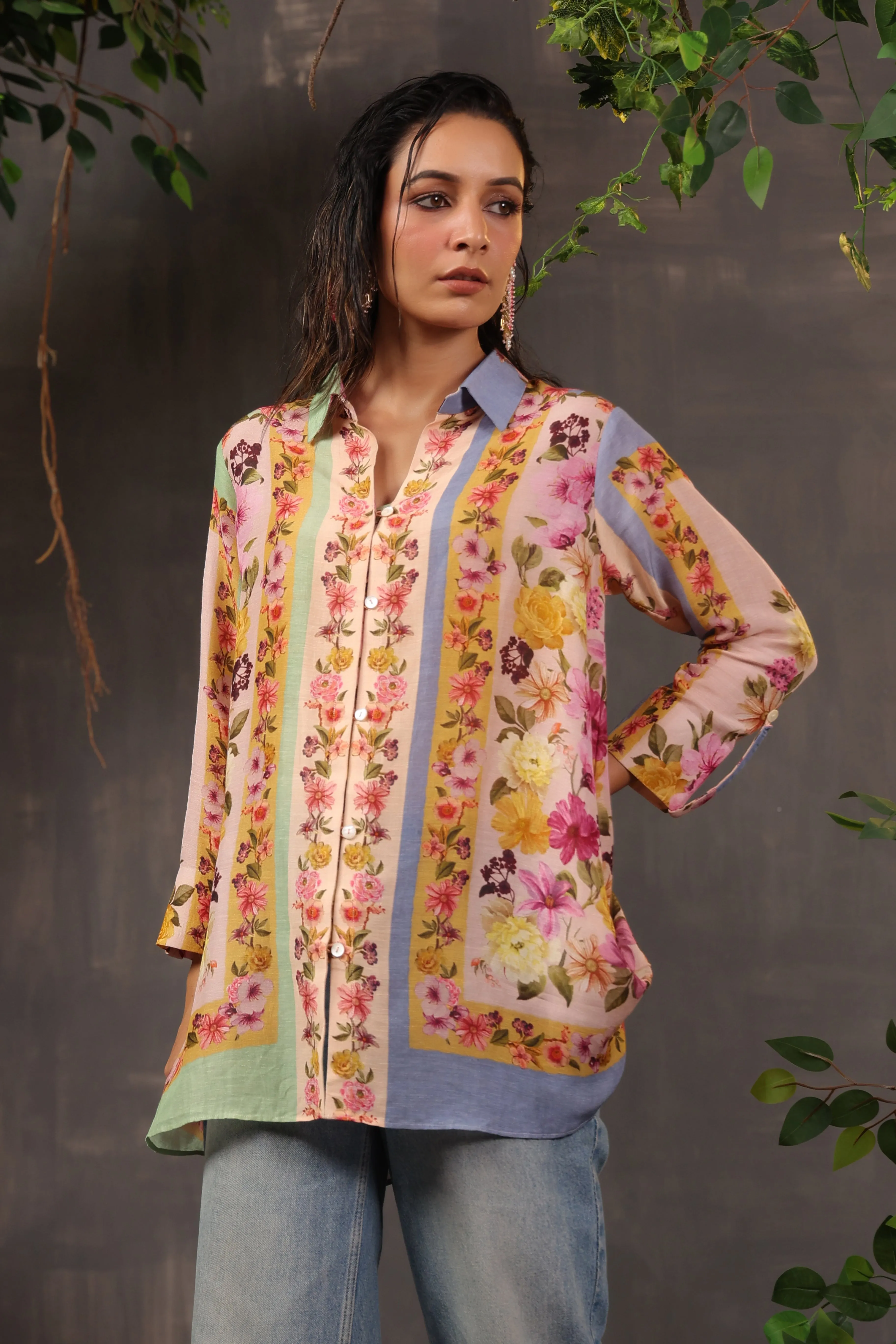 Light Peach Floral Printed Modal Linen Silk Shirt