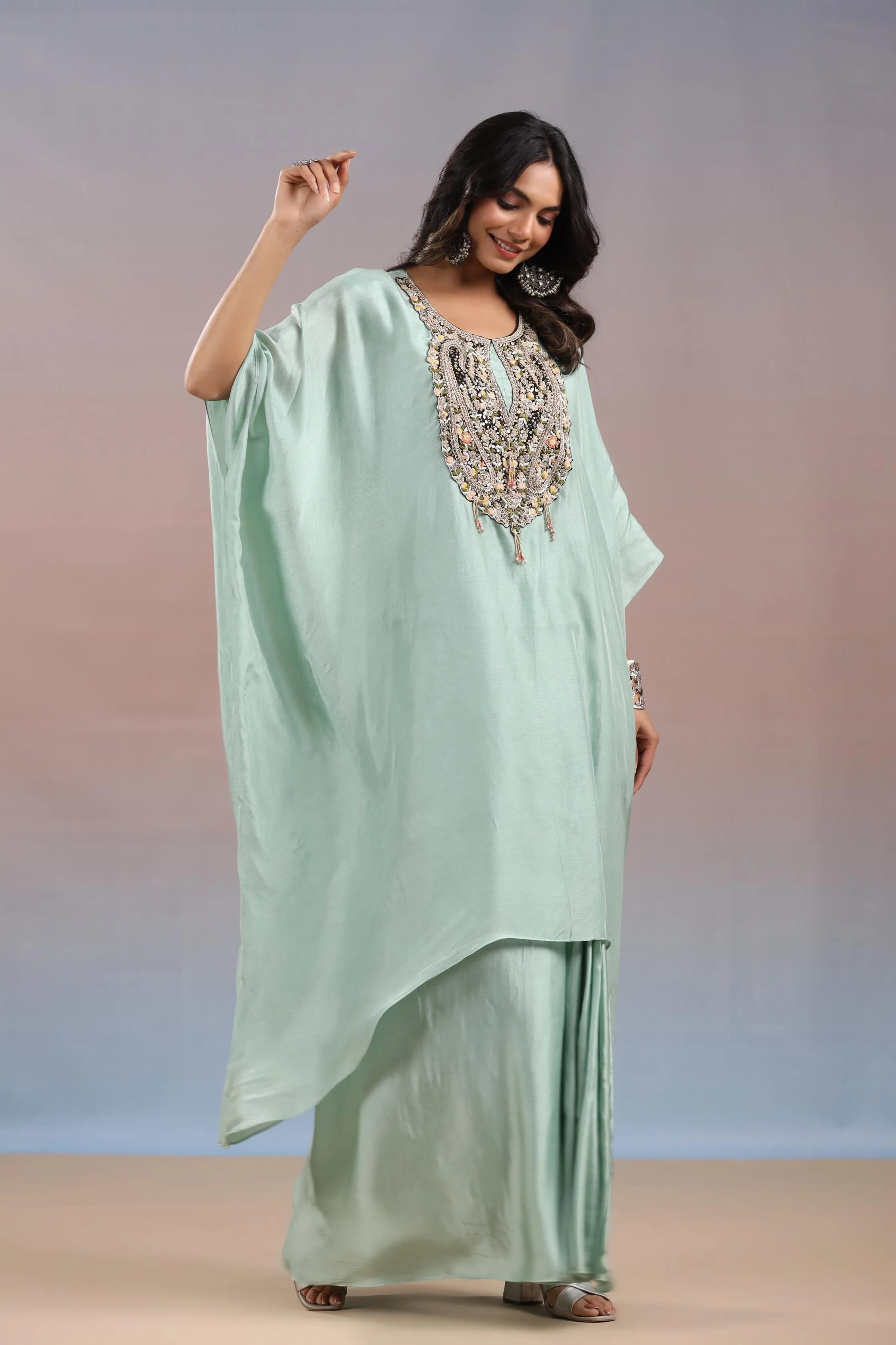 Light Turquoise Embroidered Habutai Silk Skirt Set