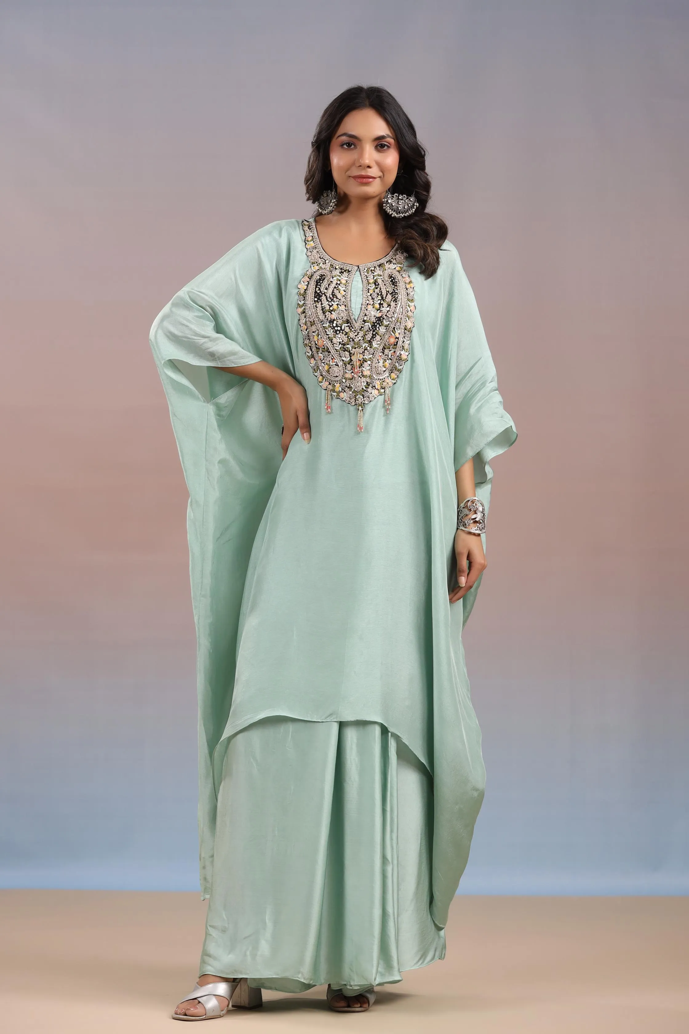 Light Turquoise Embroidered Habutai Silk Skirt Set