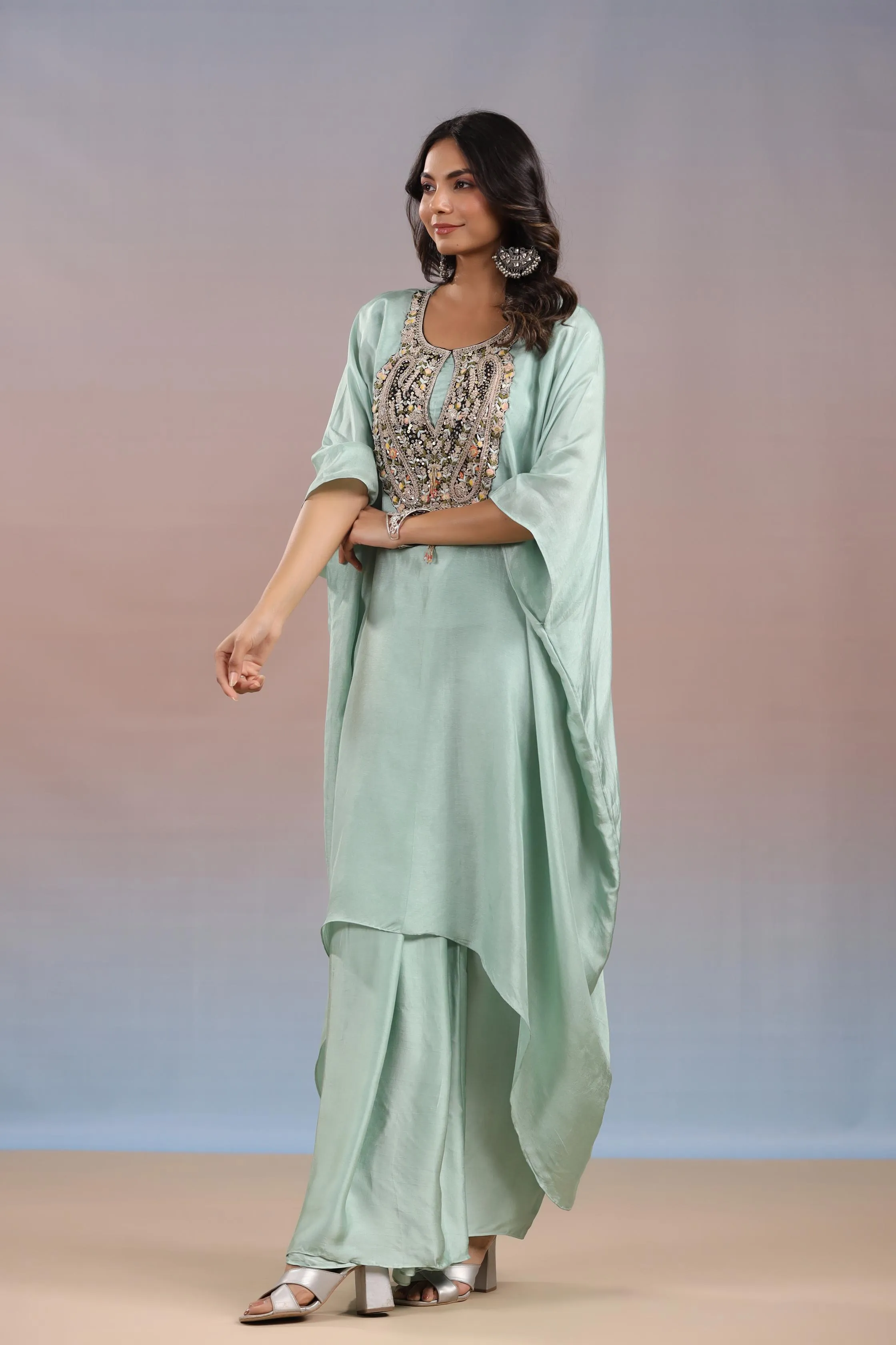 Light Turquoise Embroidered Habutai Silk Skirt Set