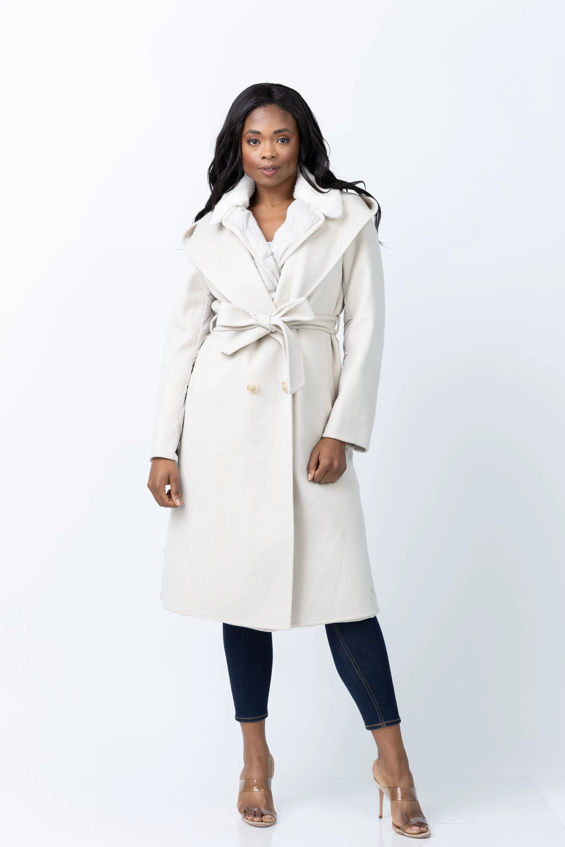 Linda Richards Cashmere and Wool Blend Coat with Hood in Bone