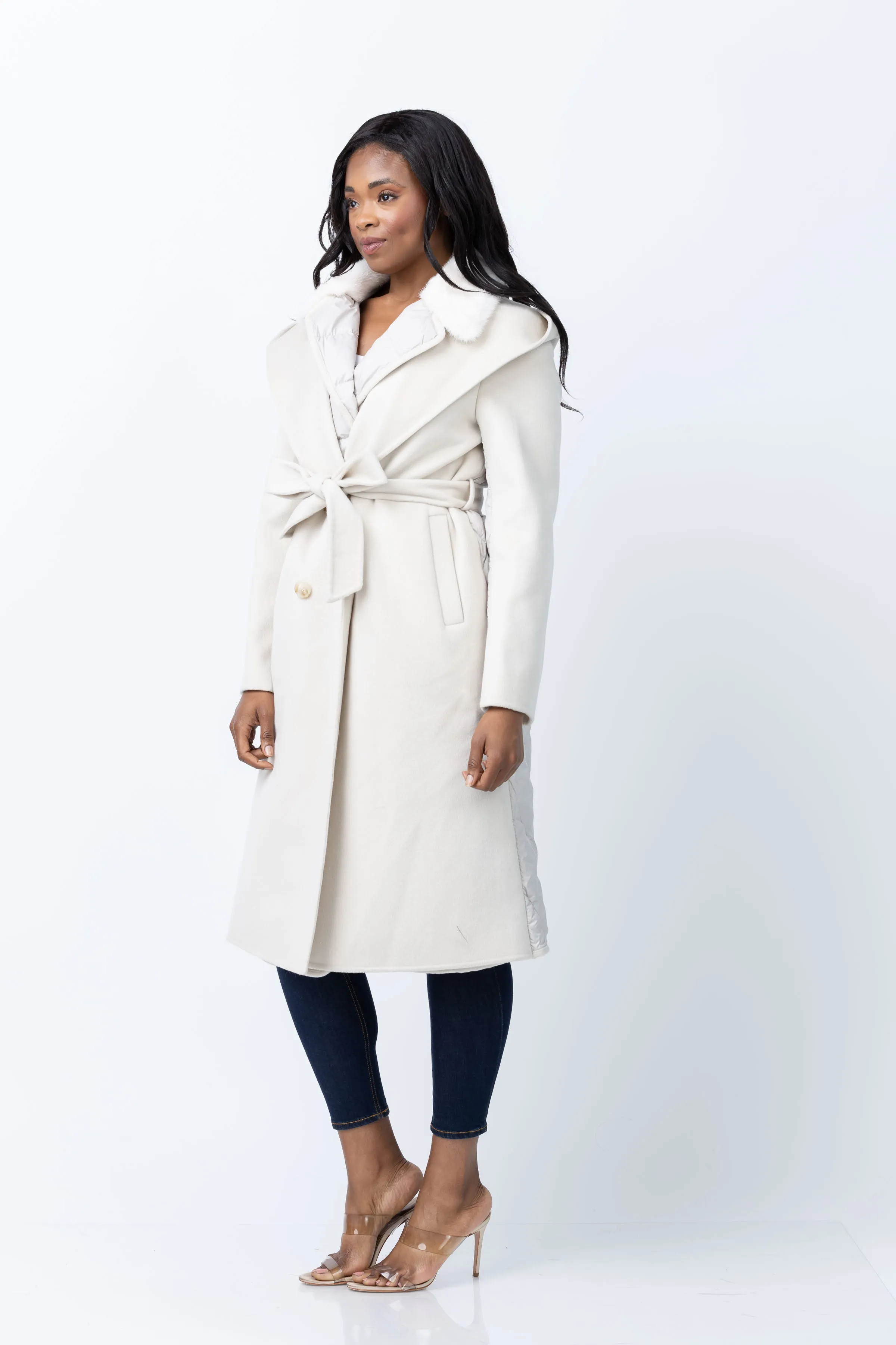 Linda Richards Cashmere and Wool Blend Coat with Hood in Bone