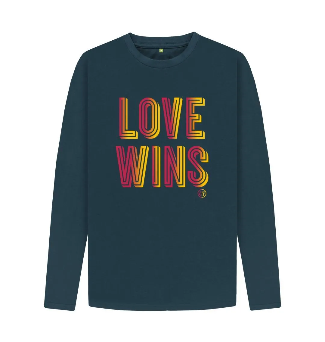 Love Wins Disco long sleeve tee. Black, white, grey, denim blue. 100% organic cotton. Free UK post