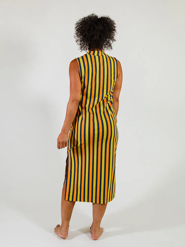 Maggie Mock Neck Dress - Navy Chartreuse Stripe