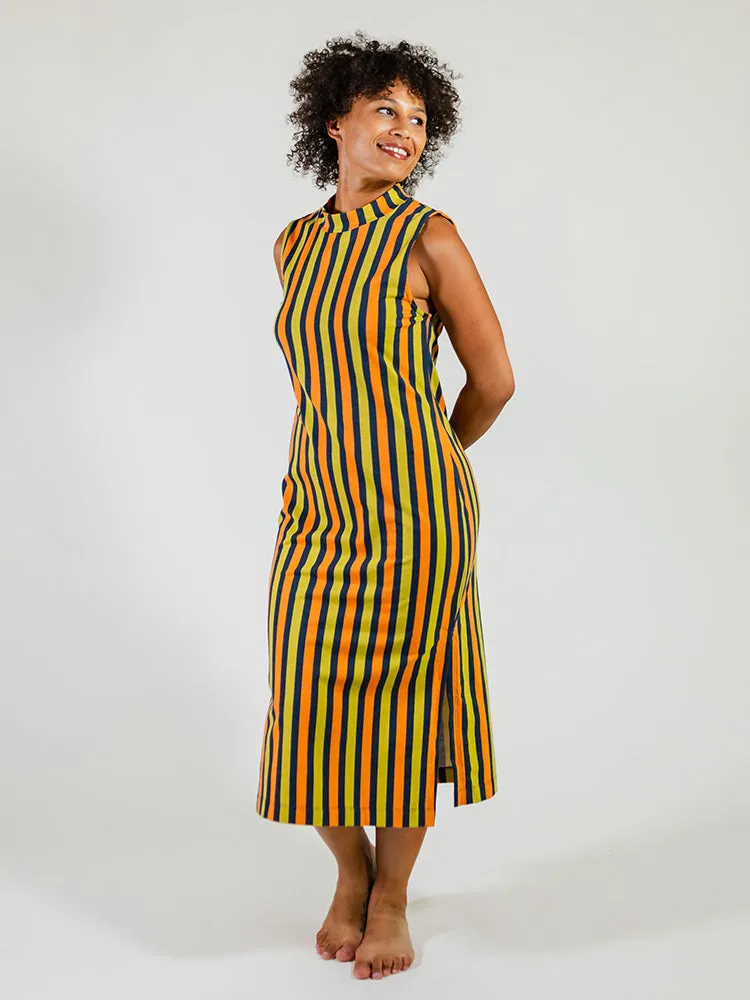 Maggie Mock Neck Dress - Navy Chartreuse Stripe