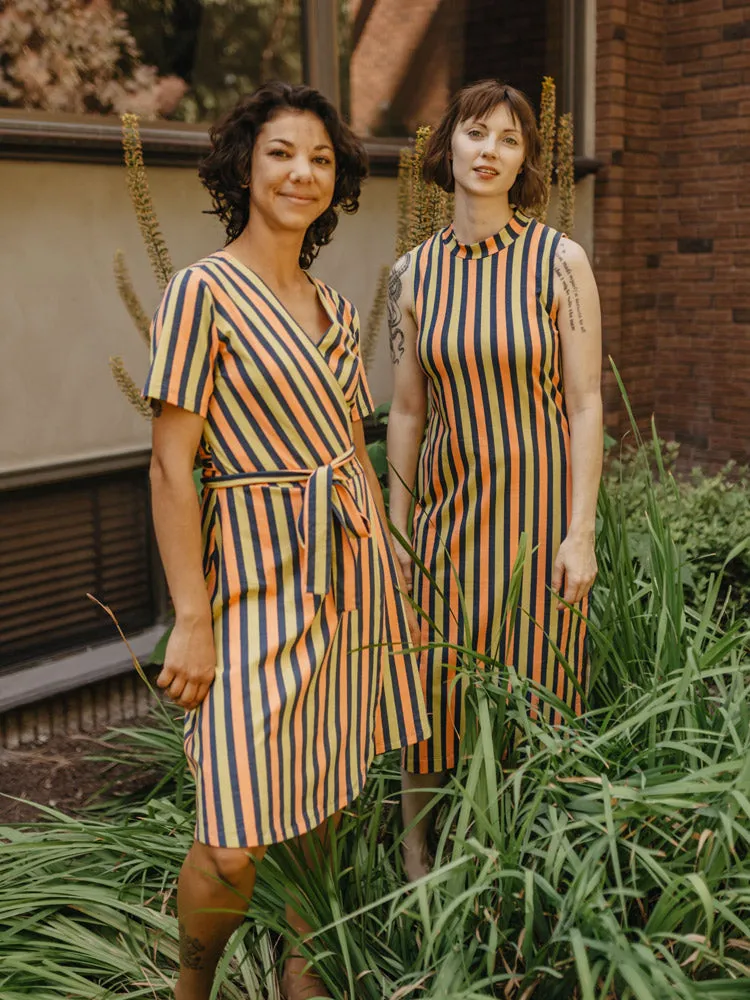 Maggie Mock Neck Dress - Navy Chartreuse Stripe