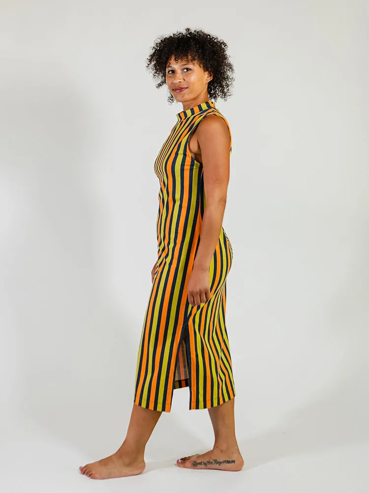 Maggie Mock Neck Dress - Navy Chartreuse Stripe