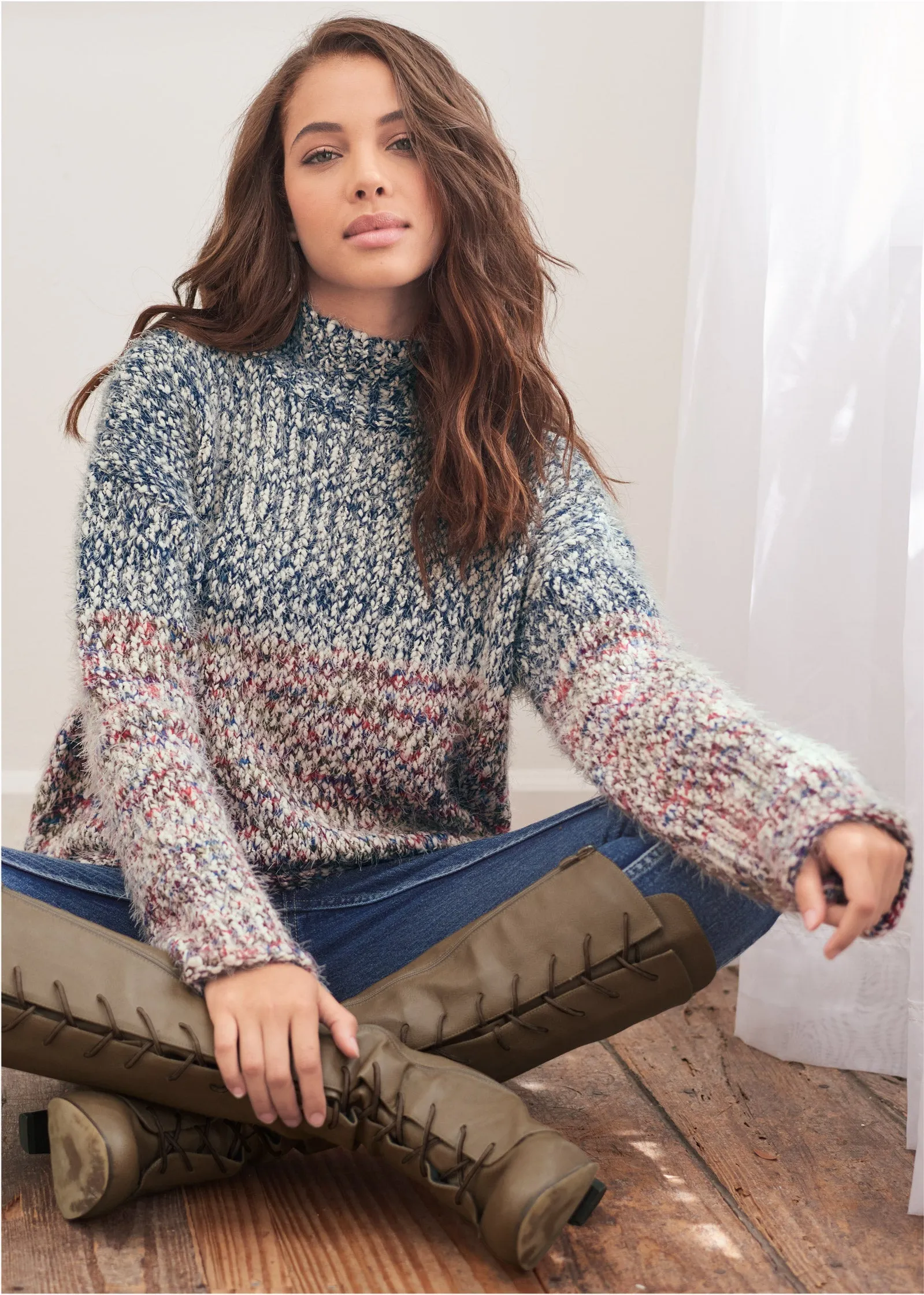 Marled Colorblock Turtleneck Sweater - Blue Multi